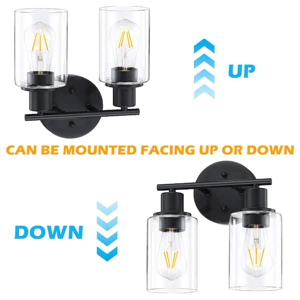 10.44 in. 2-Light Matte Black Bathroom Vanity Light with Clear Glass Shades