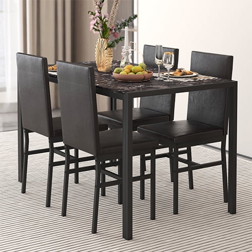 SEGMART Kitchen Dining Table Set for 4, Home Kitchen Table with Marble Tabletop and 4 PU Leather Chairs, Metal Frame Pub Table Set, Dinette Set for Family Gathering & Dining - Easy to Assemble, B1402