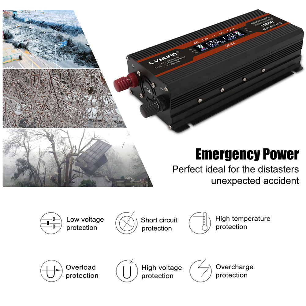 Yinleader 1000W/2000W(Peak) Car Power Inverter DC 12V to 110V AC Converter with LCD Display Dual AC Outlets and Dual USB Car Charger for Car Home Laptop Truck