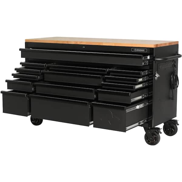 Heavy-Duty 61 in. W x 23 in. D 15-Drawer Mobile Workbench with Solid Wood Top