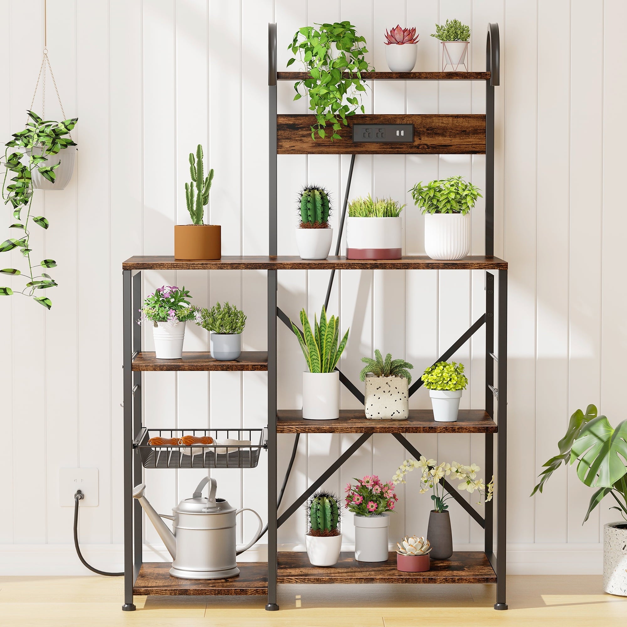 Walsunny Kitchen Bakers Rack with Power Outlet,Industrial Kitchen Island Storage Shelf with 6 Hooks 6 Tier Rack