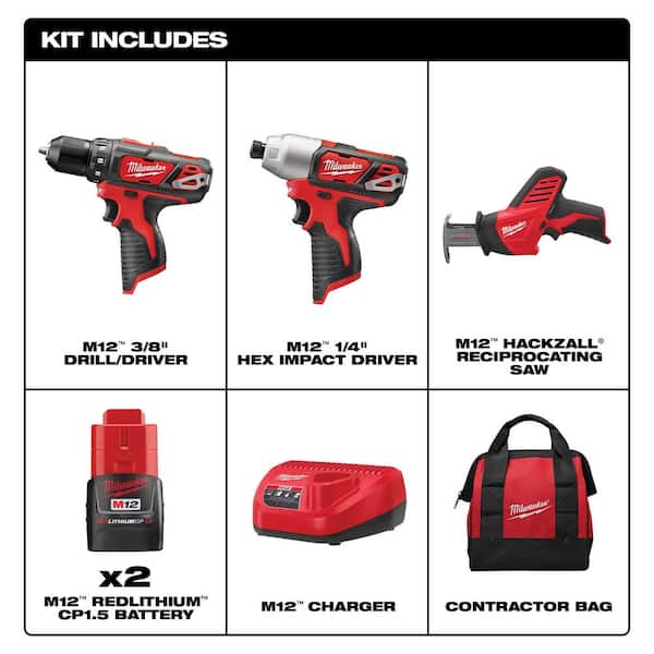M12 12V Lithium-Ion Cordless Combo Tool Kit (3-Tool) w/(2) 1.5Ah Batteries, (1) Charger, (1) Tool Bag