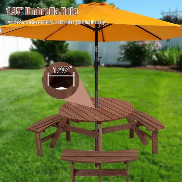 6-Person Wooden Picnic Table with 3 Built-in Benches and Umbrella Hole