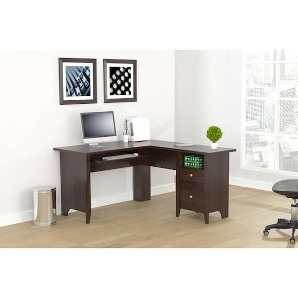 53.1 in. Espresso Wengue L-Shaped 2 -Drawer Computer Desk with Keyboard Tray