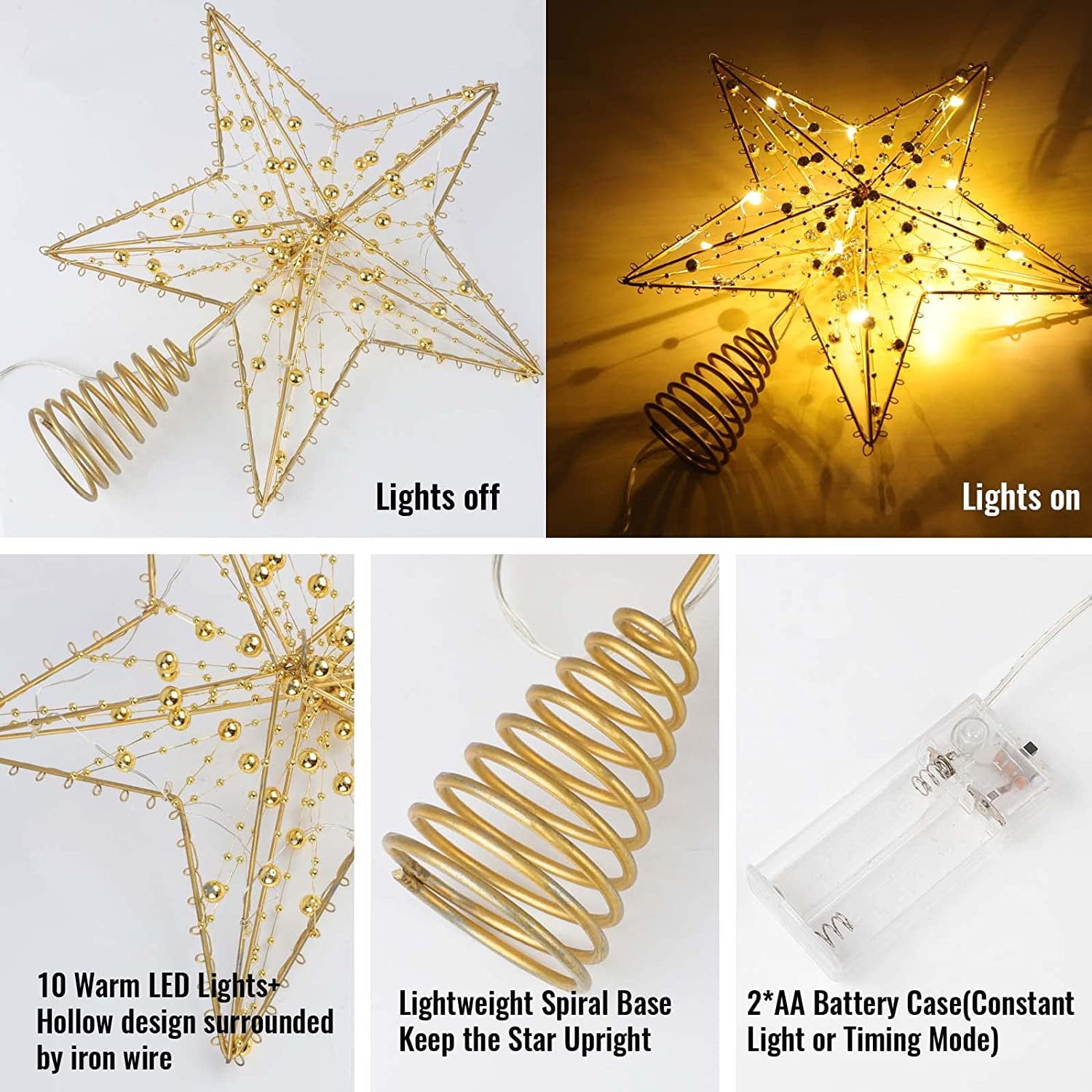 Christmas Tree Topper, 10 LEDS Happiwiz 9.84 Inch Christmas Star Tree Topper with Lights Beads, Battery Operated Tree Toppers for Christmas Xmas Tree Holiday Party Decor, Gold Star Warm White