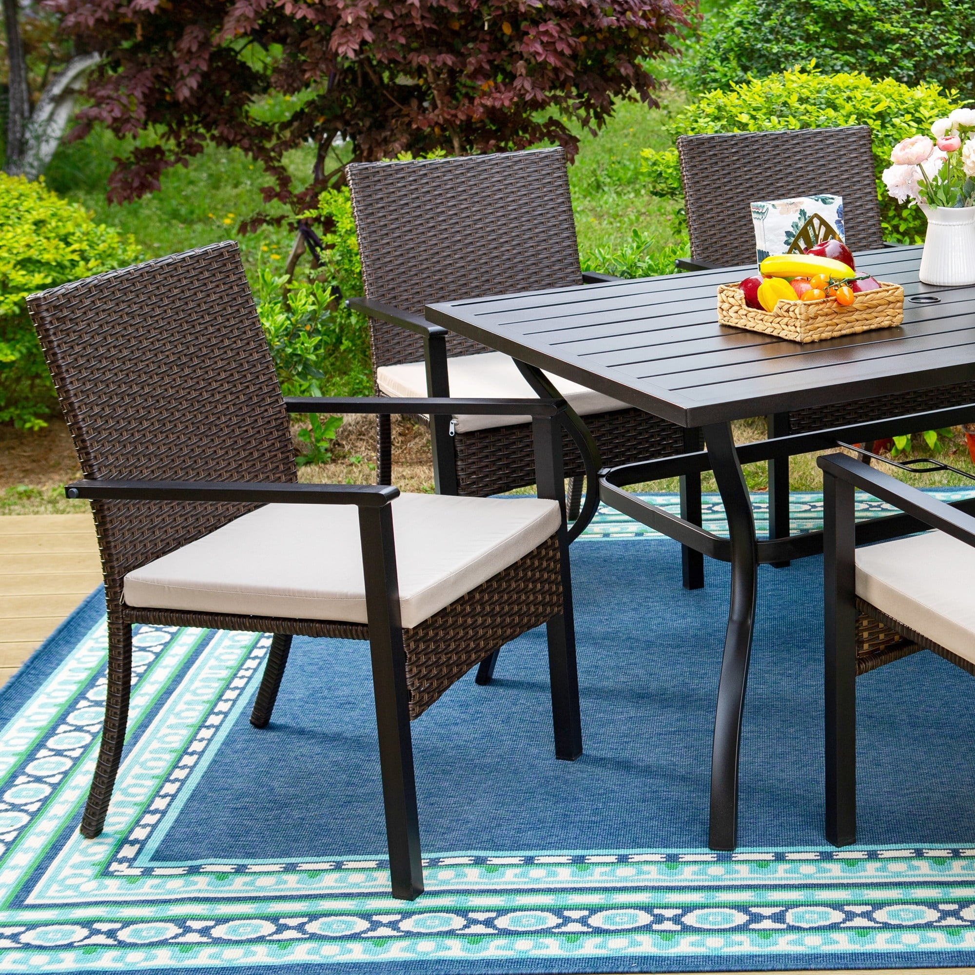 MF Studio 7-Piece Outdoor Patio Dining Set with 6 PCS Rattan Cushioned Armchairs& 1 PC Rectangle Table, Dark Brown