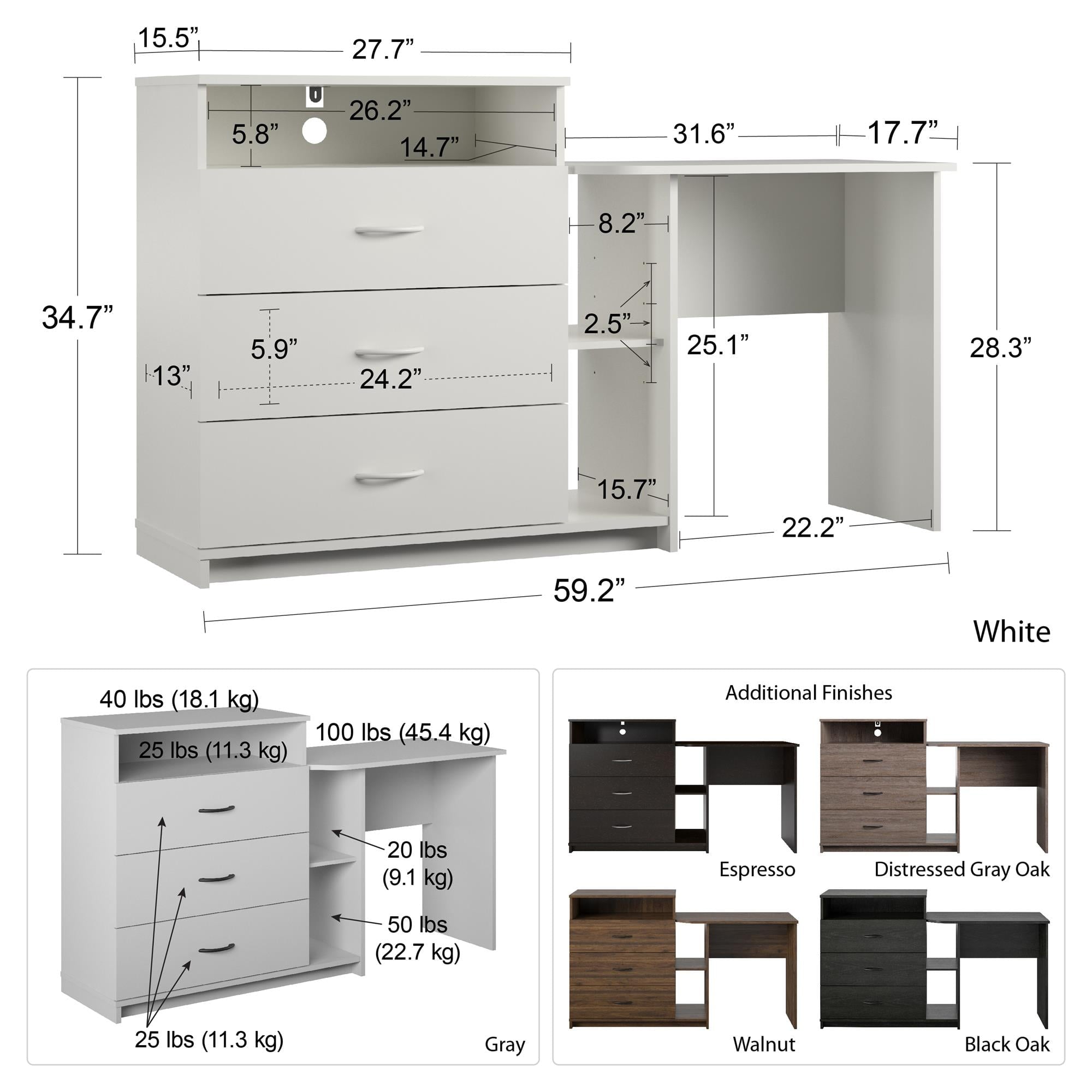 Elm & Oak Somerset 3 in 1 Media Dresser and Desk Combo, Espresso