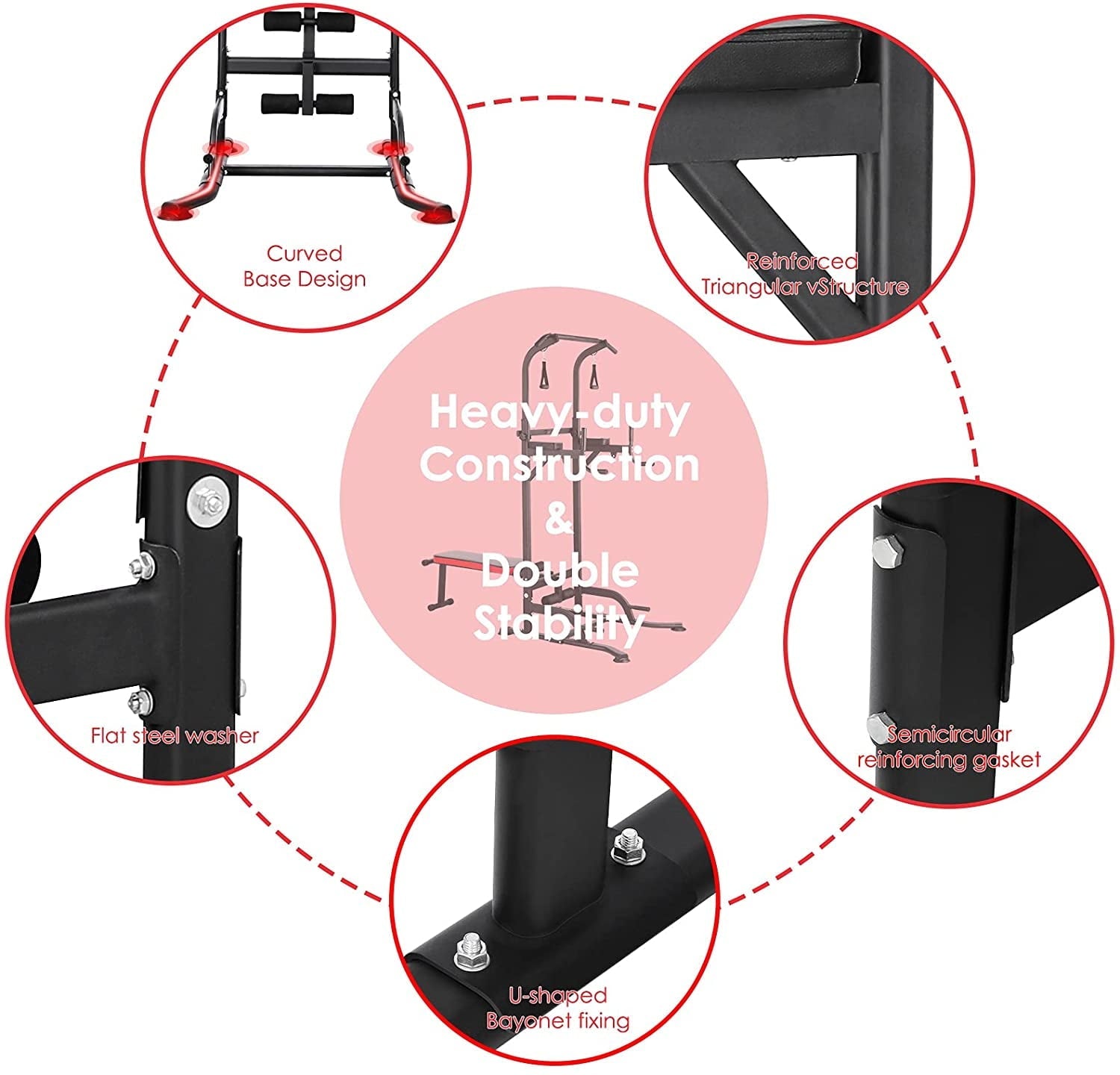Pirecart Adjustable Power Tower Dip Station Pull Up Bar Strength Training with Bench