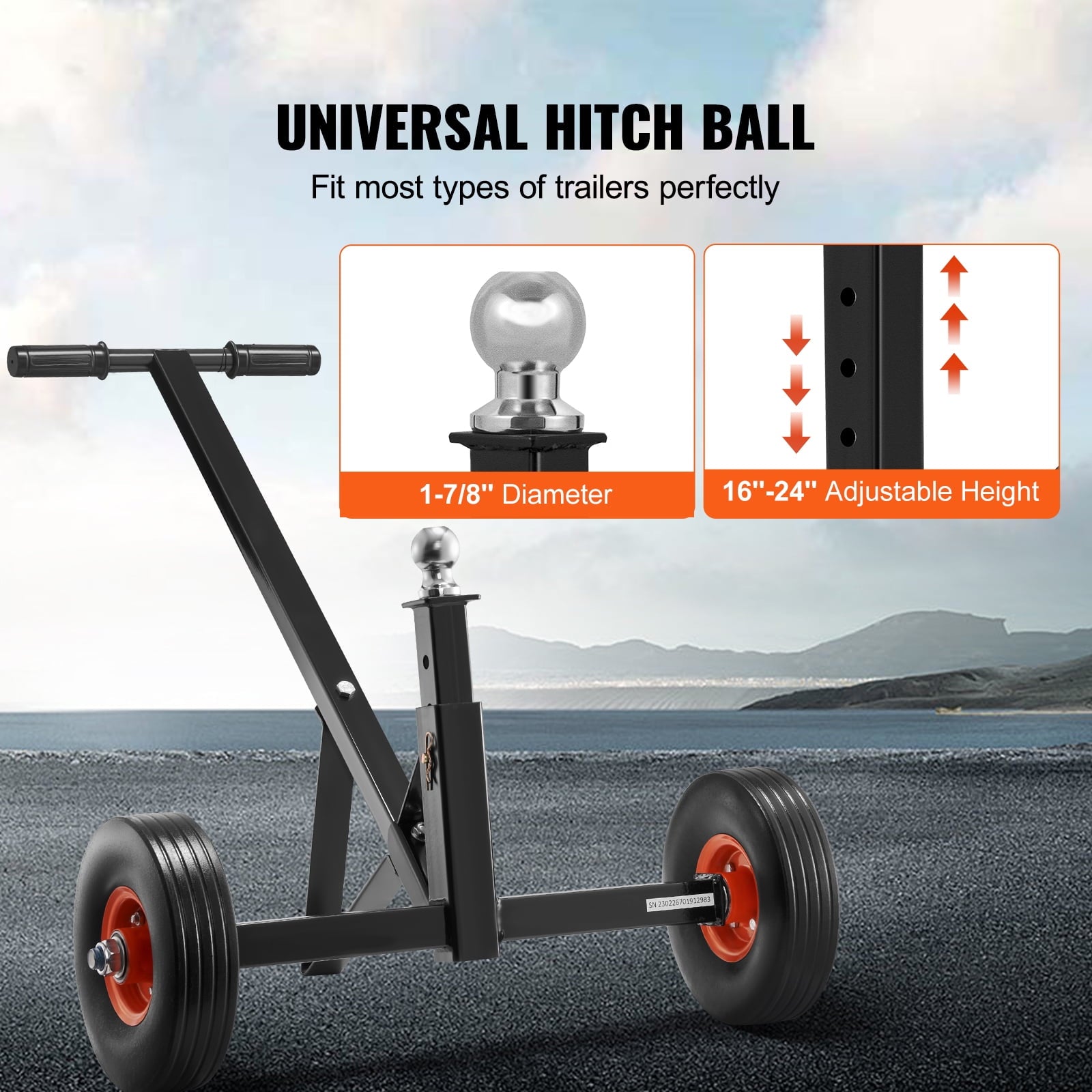 BENTISM Adjustable Trailer Dolly, 600lbs Tongue Weight Capacity, Carbon Steel Trailer Mover with 16''-24'' Adjustable Height, 1-7/8'' Hitch Ball & 10'' Solid Tires