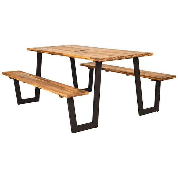 70 in. L Wood Frame Outdoor Bench Set Picnic Table with Umbrella Hole