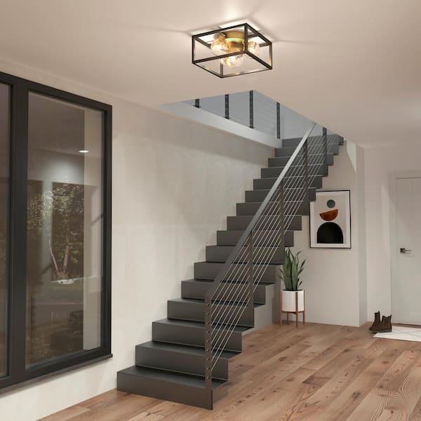 Griffintown 14 in. 4-Light Black and Gold Modern Farmhouse Flush Mount Ceiling Light Fixture for Kitchen or Bedroom