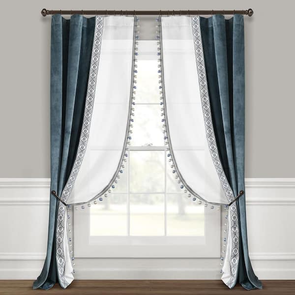 Luxury Vintage 42 in. W x 84 in. L Velvet and Sheer With Border Pompom Trim Window Curtain Panel in Blue Single