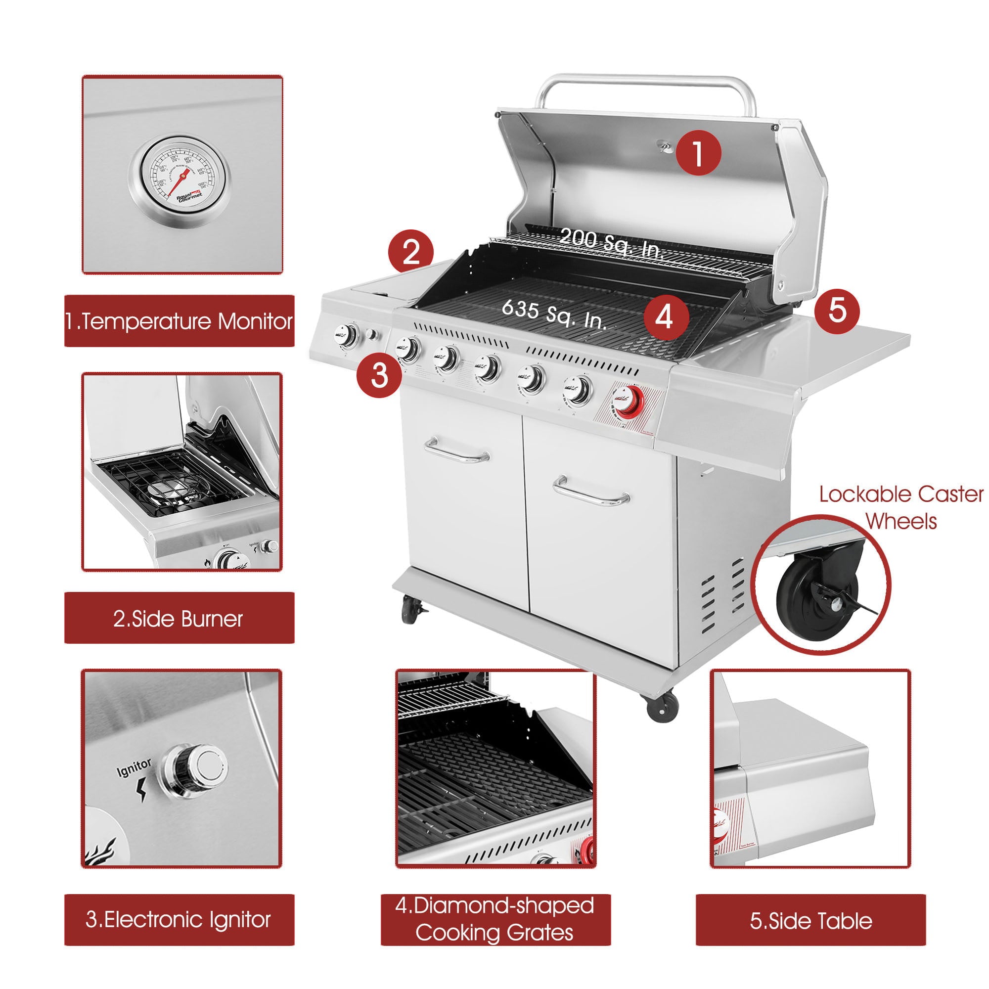 Gourmet GA6402S Stainless Steel Gas Grill, Premier 6-Burner BBQ Grill with Sear Burner and Side Burner, 74,000 BTU, Cabinet Style, Outdoor Party Grill, Silver