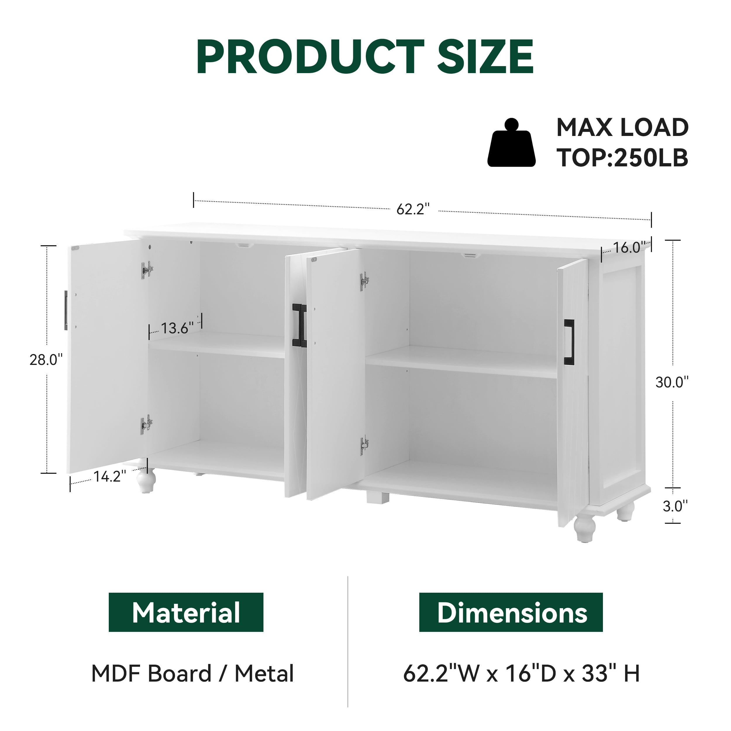 NOVALLA 62 Inch TV Stand Set, 2 Piece Entertainment Center, 1 Sideboard and 1 Tall Cabinets, TV Console Table for Living Room, Bedroom, Entryway, White