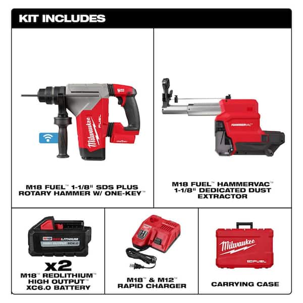 M18 FUEL 18V Lithium-Ion Brushless 1-1/8 in. Cordless SDS-Plus Rotary Hammer/Dust Extractor Kit, Two 6.0Ah Batteries