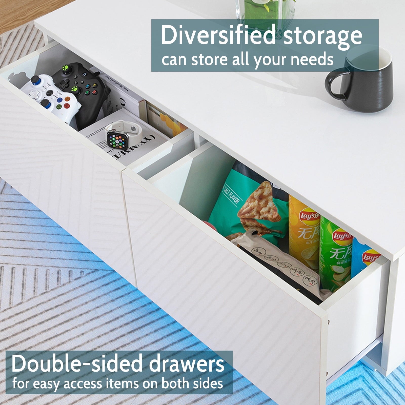 Hommpa Rectangular Coffee Table with LED Lights Tea Tables with 4 Drawers High Gloss Modern Living Room Furniture White Finish Sofa Side Table 37.4 x 23.6 x 15.4 Inches