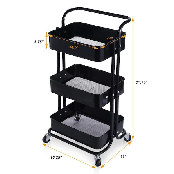 3-Tier Metal Storage Rolling Utility Cart Heavy Duty Craft Cart with Wheels and Handle in Black