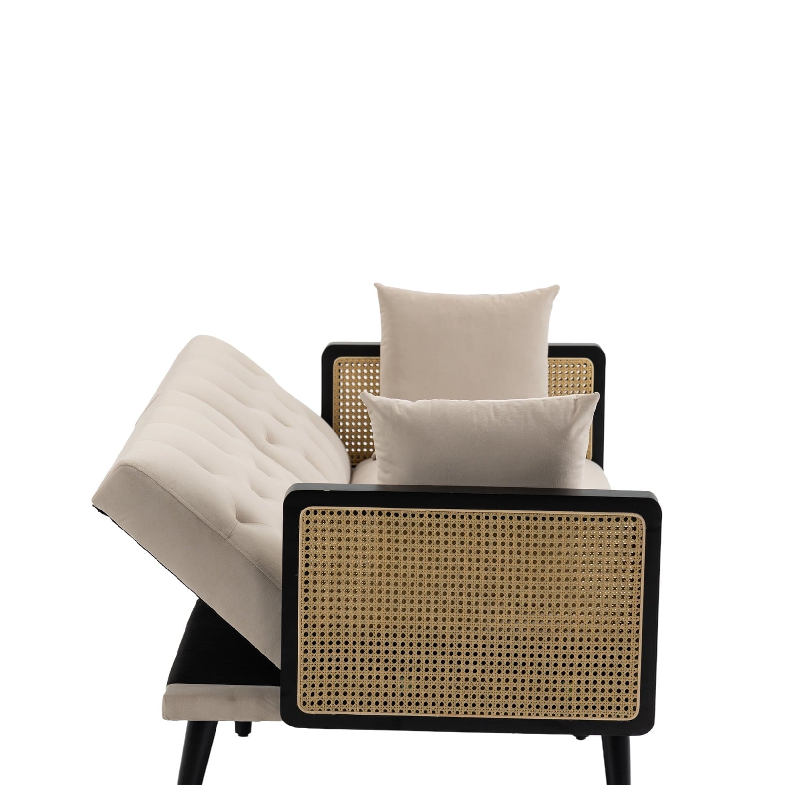 61 Inch Velvet Convertible Futon Sofa Bed, Upholstered Loveseat Sleeper Sofa with Rattan Arm and 6 Sturdy Legs, Tufted Folding Couch Sofa for Living Room, Bedroom, Beige