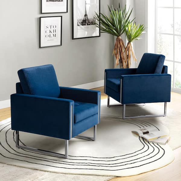 Dardanus Modern Navy Velvet Club Chair with Embedded Metal Armrests Set of 2