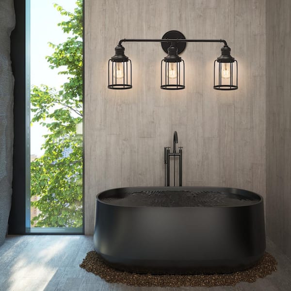 24 in. 3-Light Black Industrial Vanity with Metal Cage Wall Sconce
