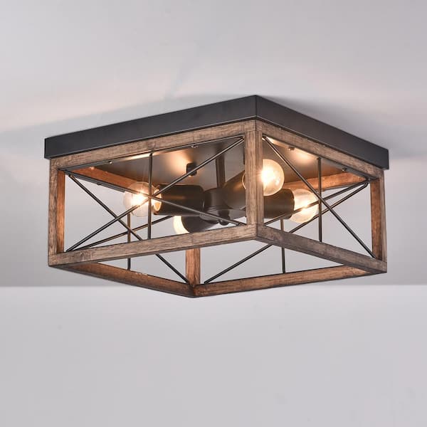 12.6 in. 4-Light Farmhouse Rustic Square Wooden Flush Mount Ceiling