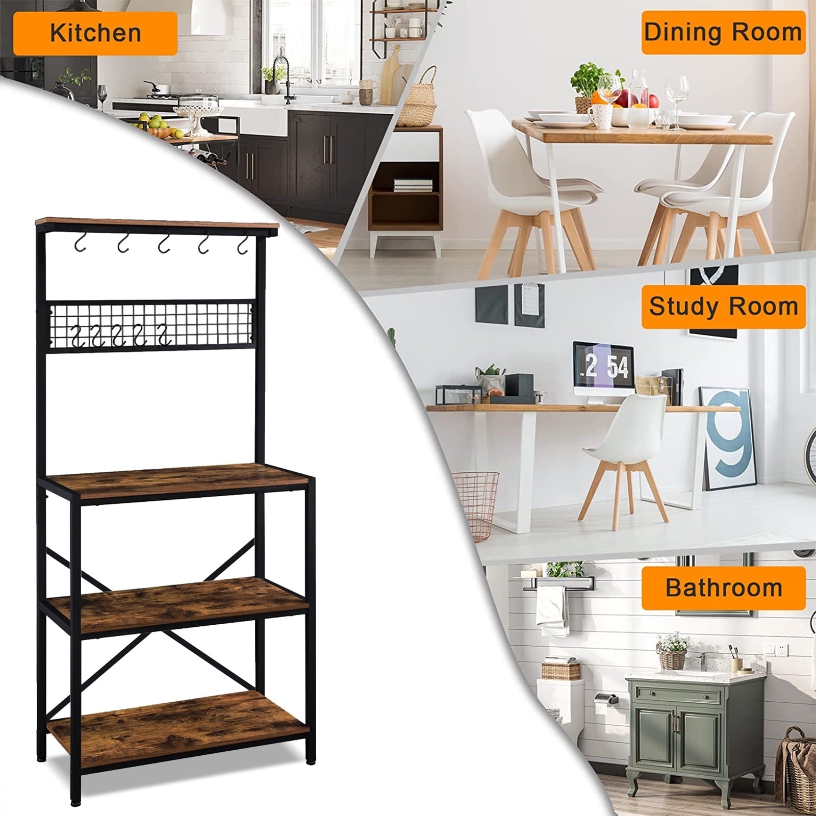 Vebreda Baker's Rack, Industrial Kitchen Island with Hooks Microwave Stand Adult