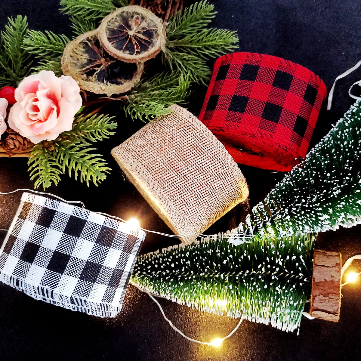 Burlap Ribbon for Gift Wrapping Christmas Tree Ribbons Buffalo Plaid Black White Red Craft Wired Edge Ribbon for Gift Wrapping Christmas Crafts Decoration 30 Yards 3 Rolls