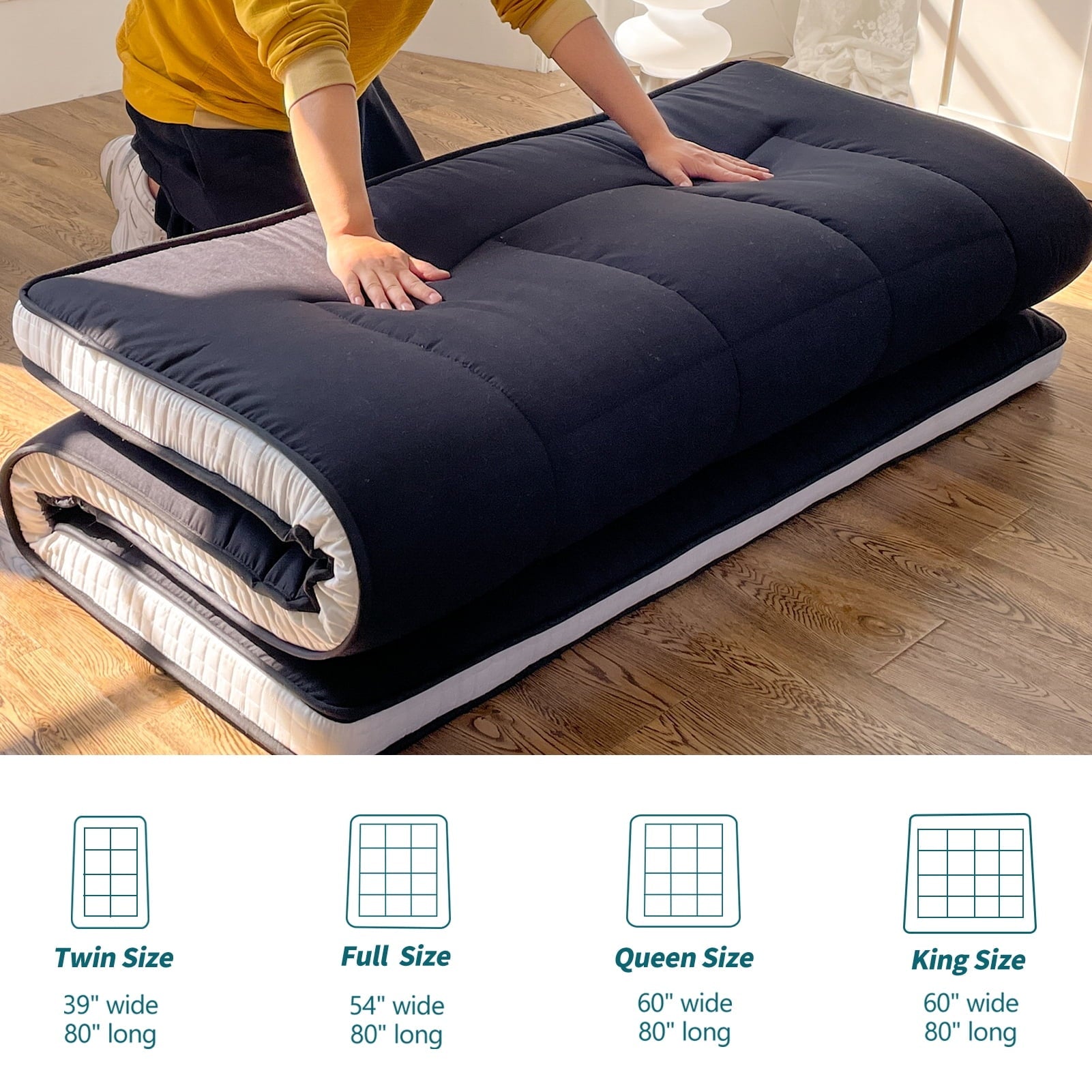 Mattress, Padded Japanese Floor Mattress Quilted Bed Mattress Topper, Extra Thick Folding Sleeping Pad with Bandage and Storage Bag, Twin Size