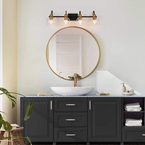 Modern Black Wall Light 29.5 in. 4-Light Bronze and Antique Gold Bathroom Brass Vanity Light with Globe Glass Shades