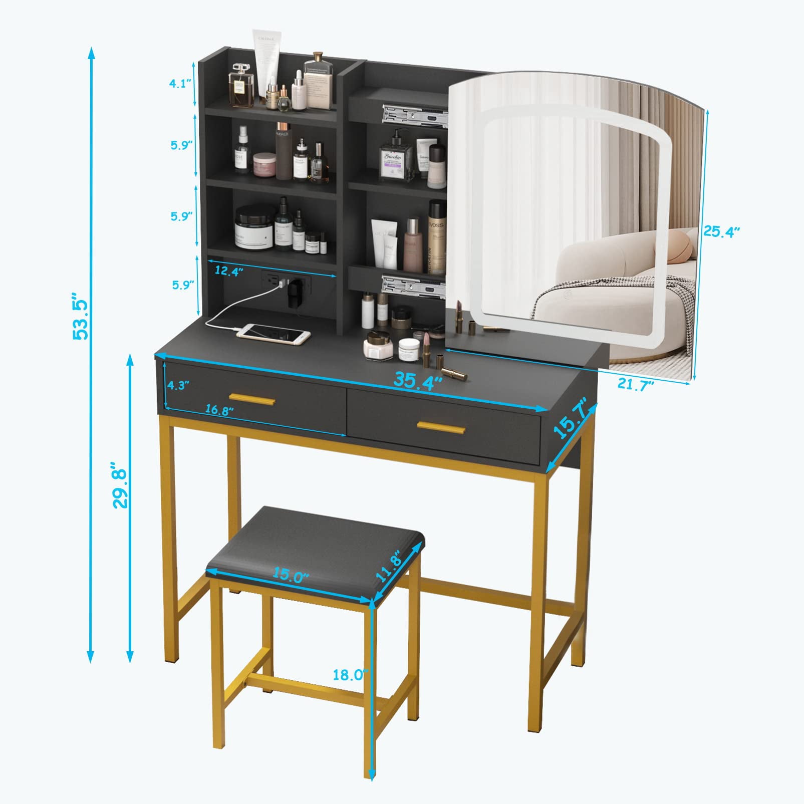 35 inch Makeup Vanity Desk with Lighted Mirror & Power Strip,Vanity Set with Sliding Mirror, Modern Bedroom Dressing Table with Drawers