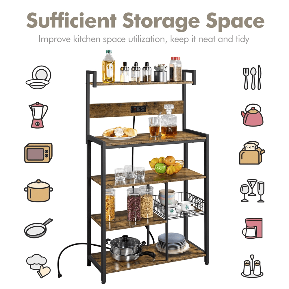 SmileMart 56″H 5-Tier Baker’s Rack with Wire Basket & Power Outlets With 6 S-shaped Hooks & Wire Basket, Rustic Brown