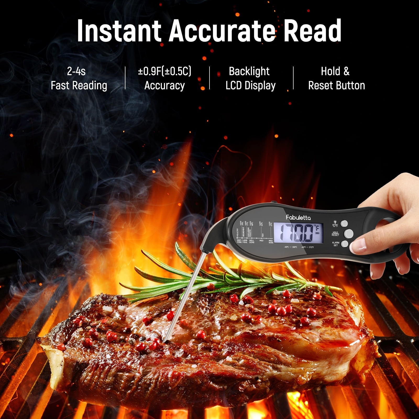 Fabuletta Rechargeable Digital Meat Thermometer - Dual Probe Instant Read Thermometer with Alarm Waterproof Kitchen Food Thermometer for Cooking, Grill, BBQ, Smoker, Candy, Liquids and Oil Frying