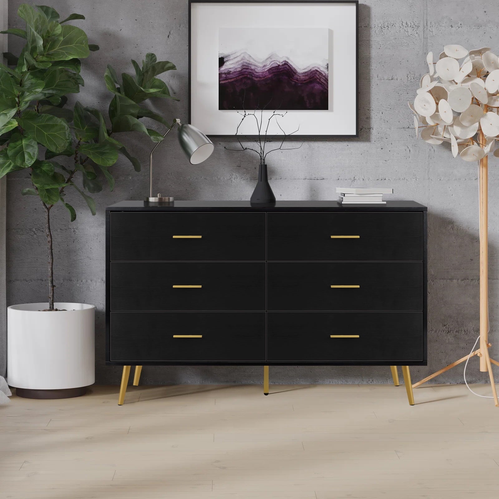 Polar Aurora Wood Dresser for Bedroom with 6 Drawers, Mid Century Modern Chests of Drawer with Metal Handles