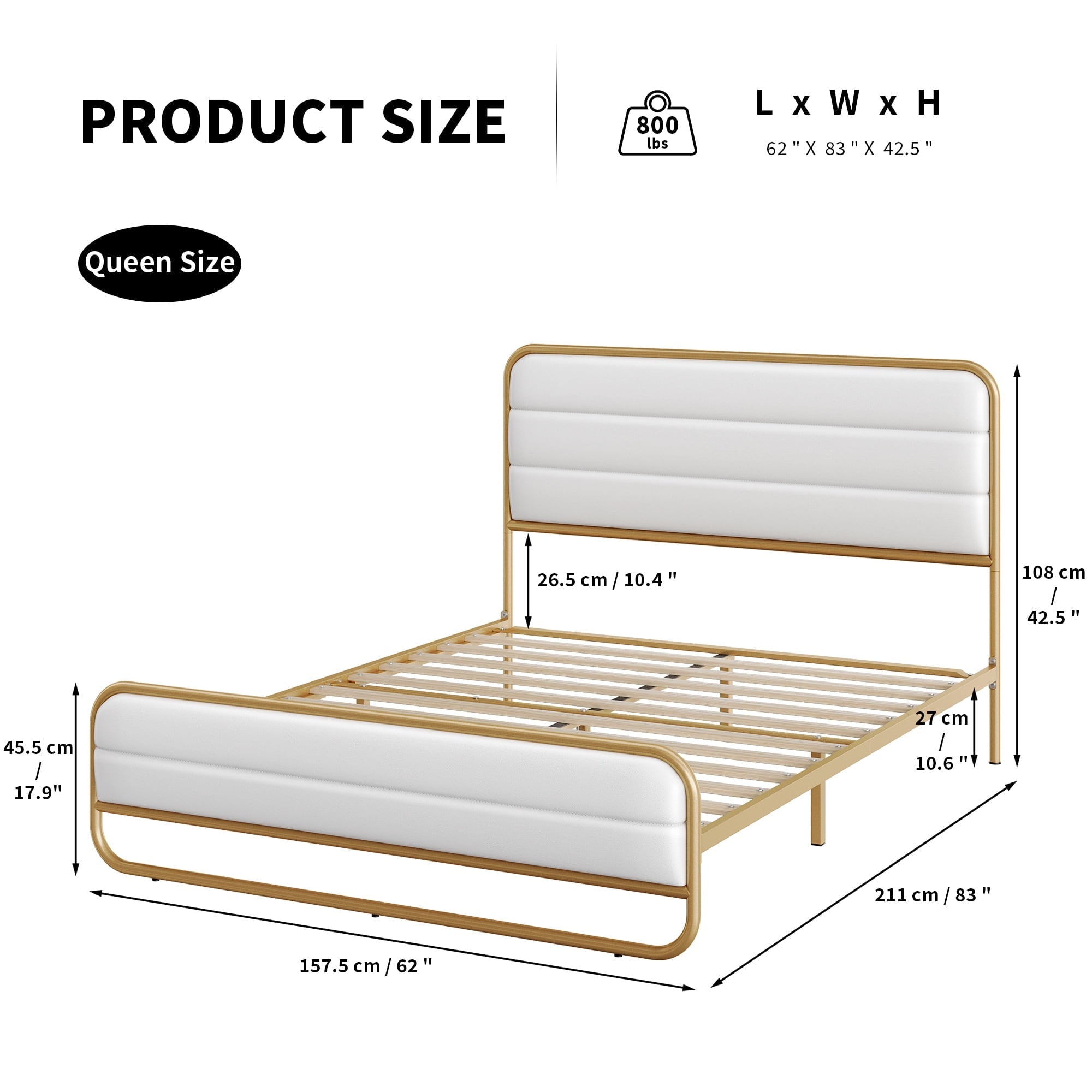 Homfa Queen Size Bed Frame, Gold Metal Tubular Platform Bed with PU Leather Upholstered Headboard, 10.6