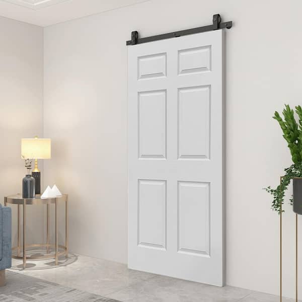 36 in. x 80 in. 6-Panel Primed MDF Composite Bi-Fold Barn Door with Sliding Hardware Kit