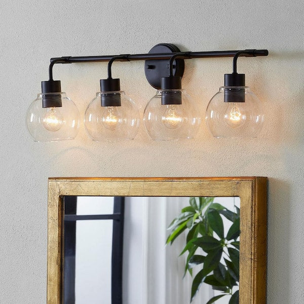 Bubble 30.5 in. 4-Light Matte Black Vanity Light with Round Glass Shades
