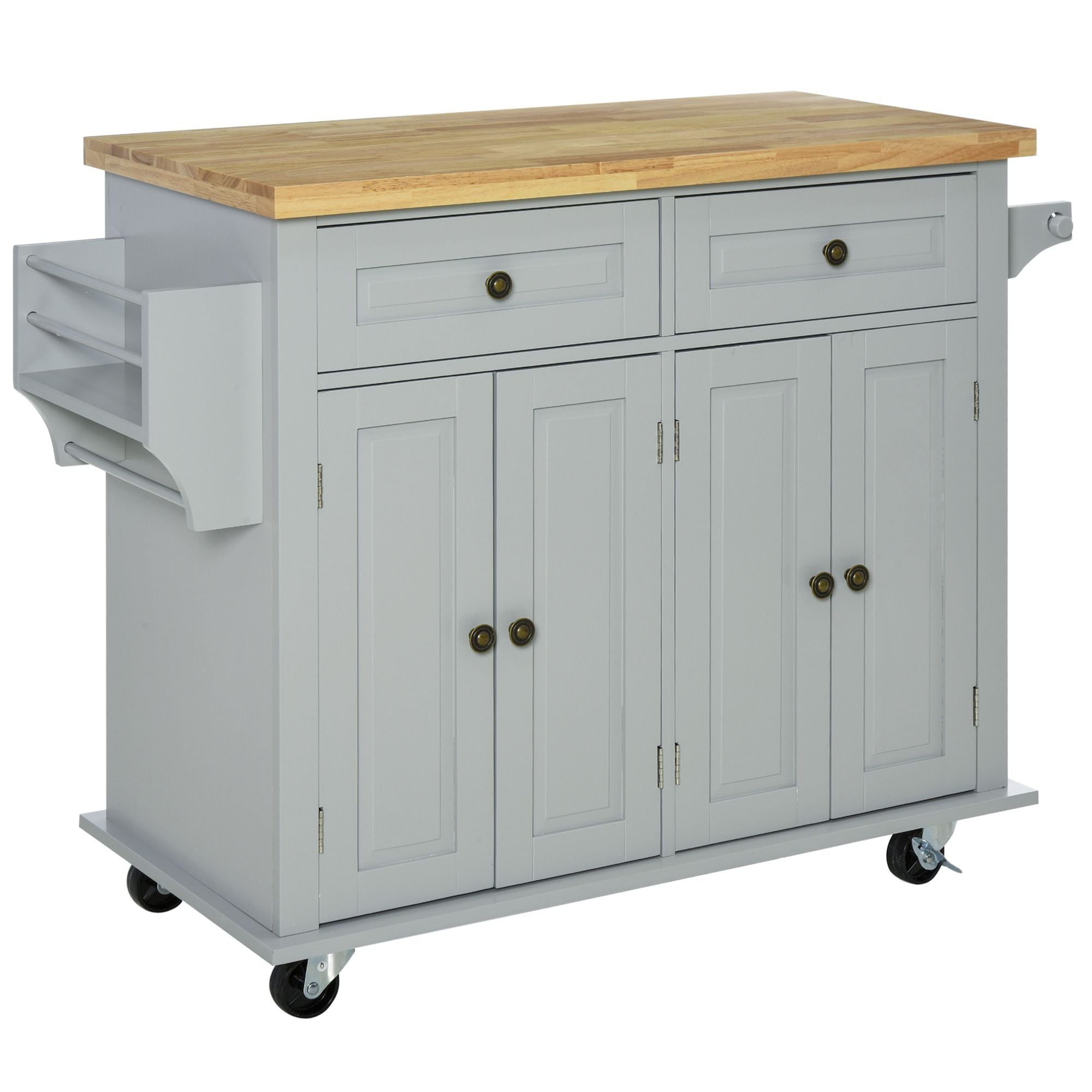 HomCom Rolling Kitchen Island Cart with Rubber Wood Top, Spice Rack, Towel Rack & Drawers
