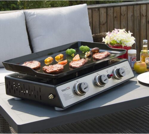 Gourmet PD1301S Portable Tabletop 24" Gas Grill, 3-Burner Griddle, 25500 BTU