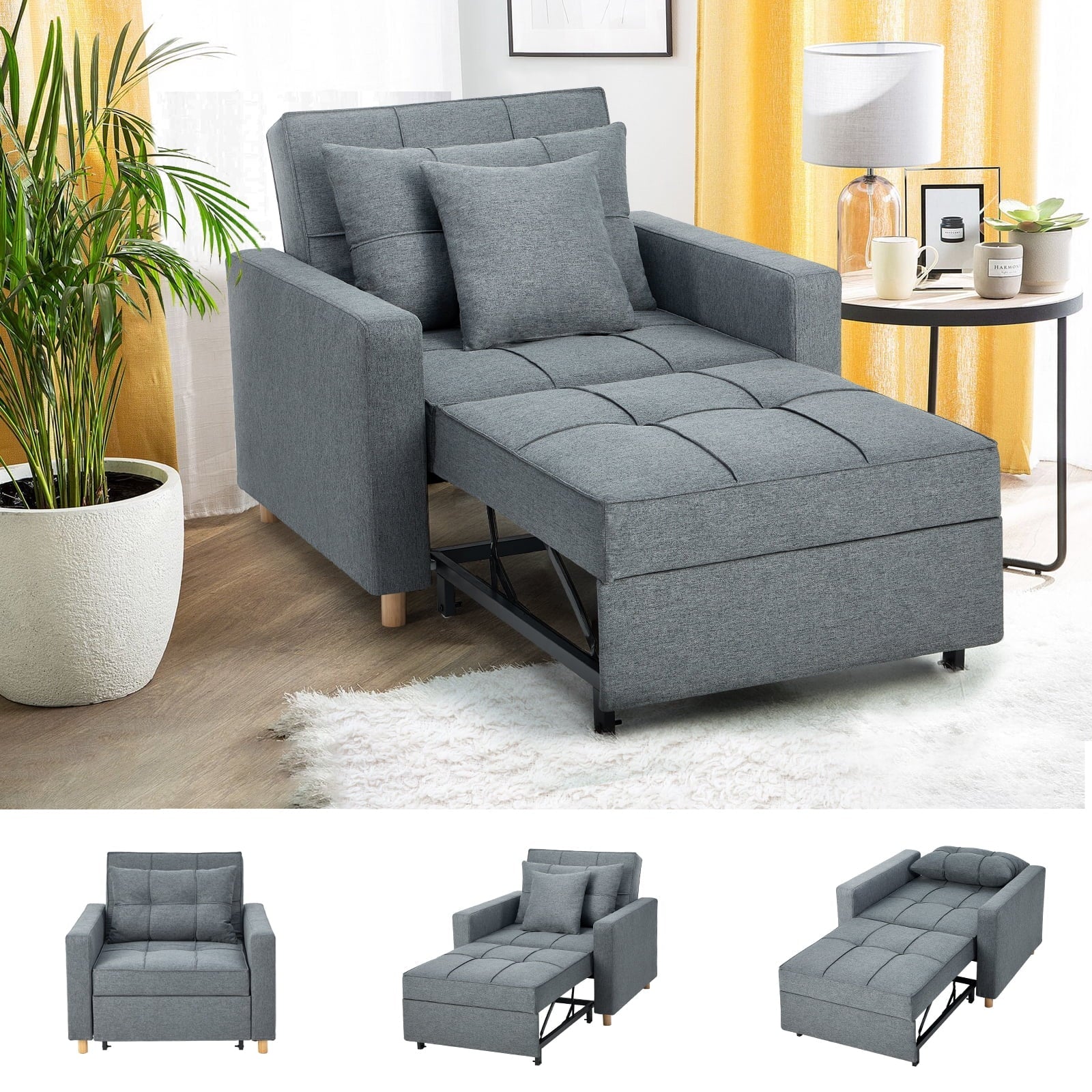 YODOLLA 3-in-1 Futon Sofa Bed Chair,Convertible Sofa Sleeper-Dark Gray
