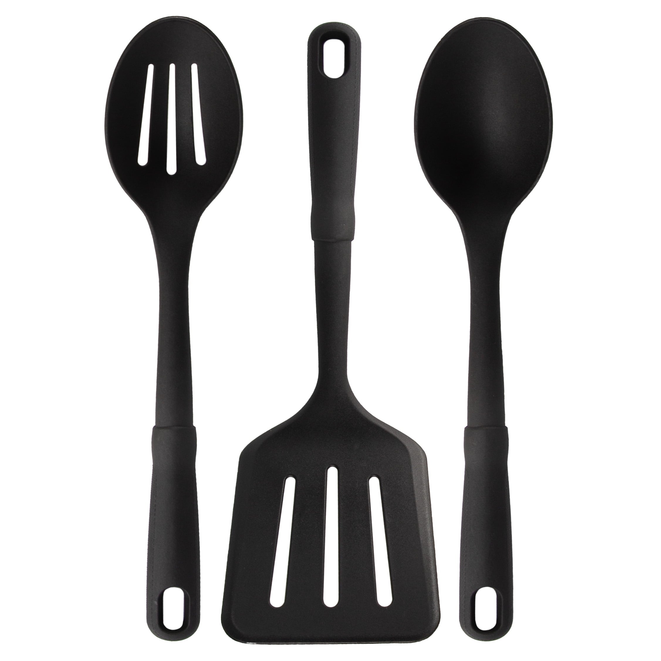 Mainstays 3-Piece Kitchen Utensil Set, Slotted Spatula, Slotted Spoon and Solid Spoon, Black, Nylon