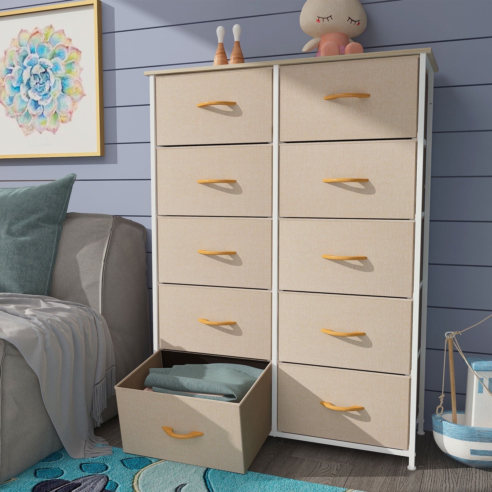 DWVO 10 Drawer Dresser Chest of Storage Dresser Tall Fabric Dresser Storage Cabinet Bin Nightstand Cabinet, Black Grey