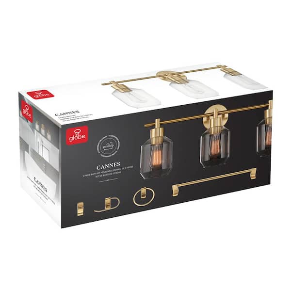 Cannes 24.5 in. 3-Light Brass Vanity Light with Clear Glass Shades and Bath Set (5-Piece)