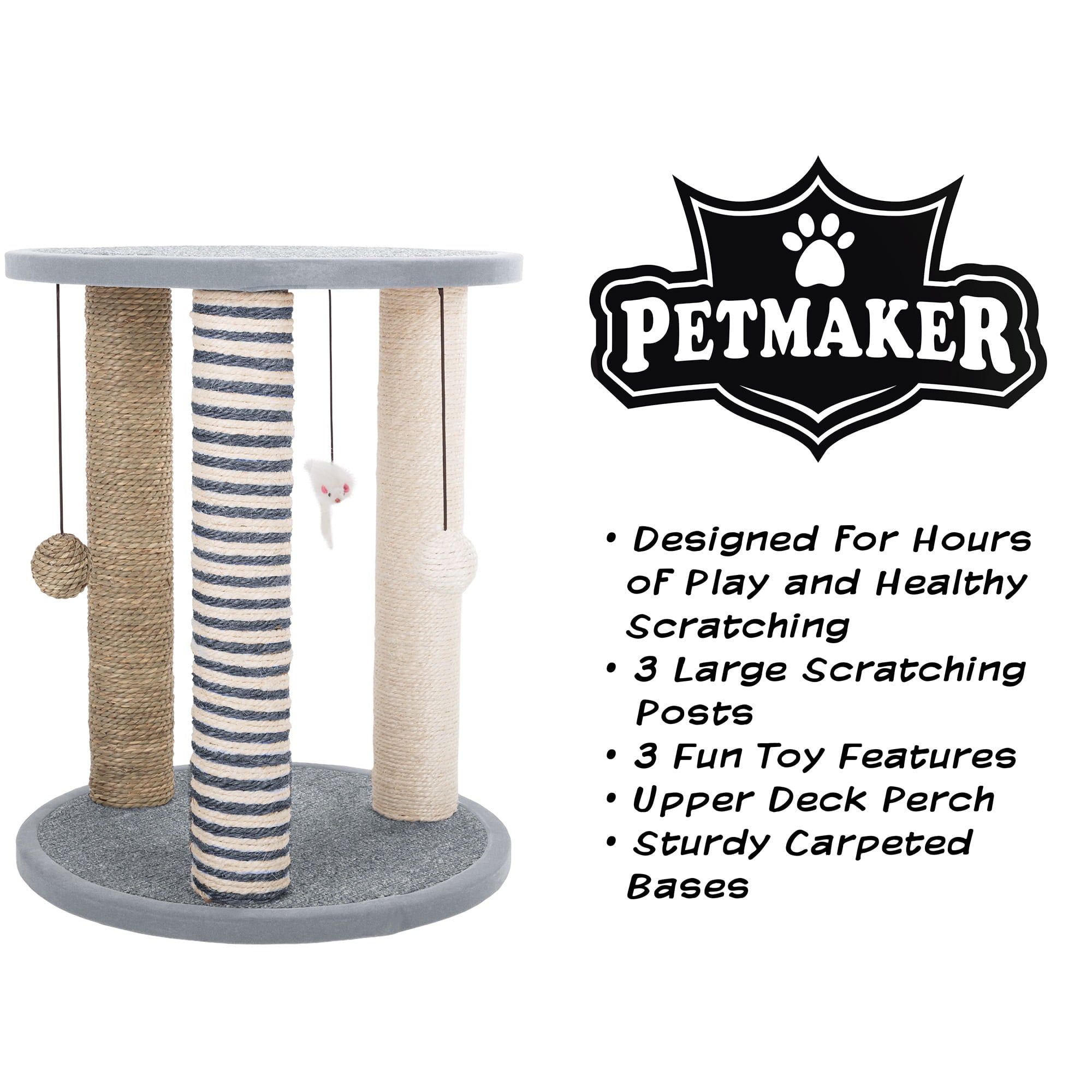 PetMaker Gray Cat Sisal Scratching Post Tower - 3 Posts, 2 Carpeted Perches, Hanging Ball/Mouse Toy