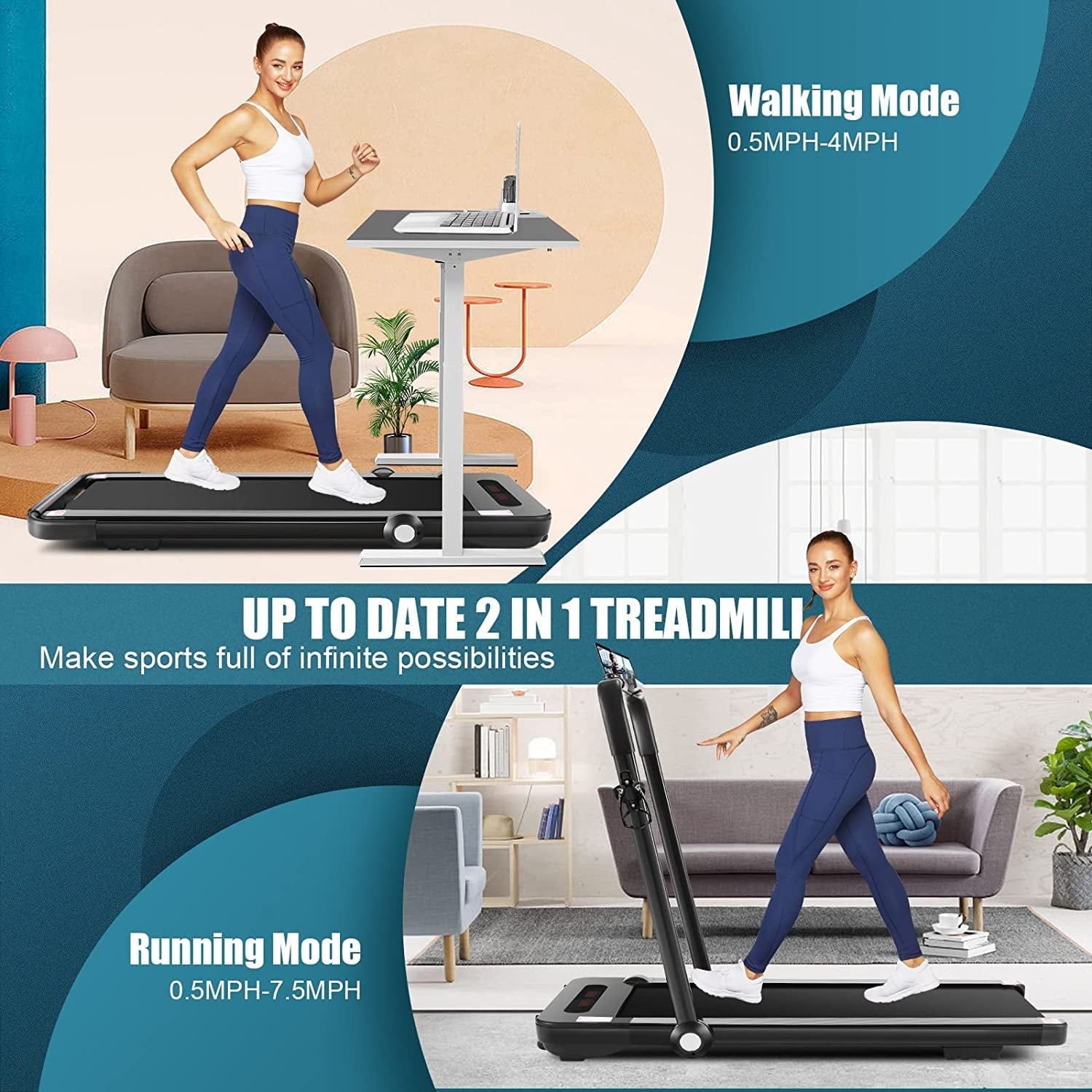 Adnoom Folding Treadmill 2.25HP Under-Desk Treadmill for Home Office Gym Compact Walking Jogging Running Machine with Remote Control,Bluetooth Speaker LED Display, Water Bottle Cage