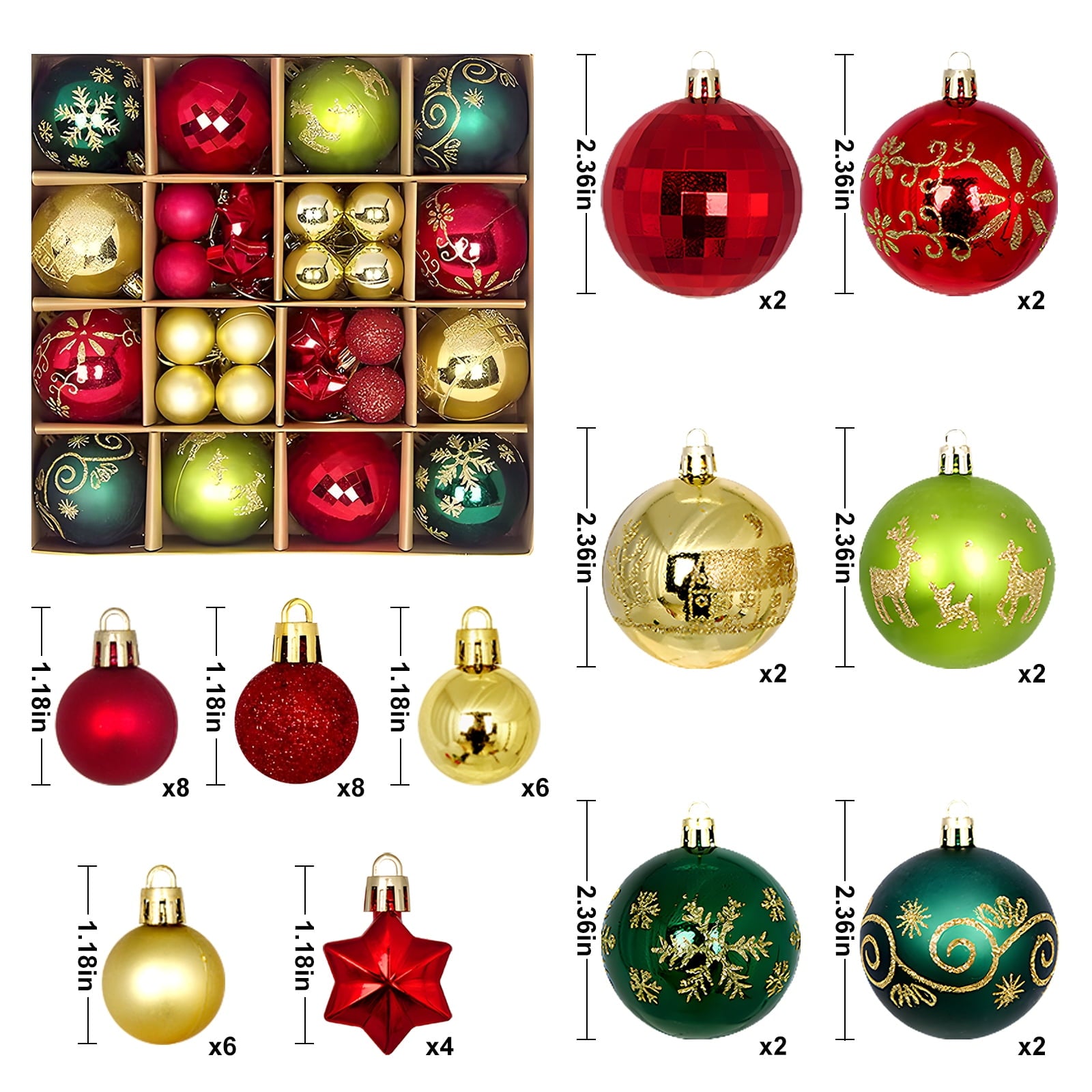 Christmas Ball Ornaments -44 Pieces  Christmas Ball Tree Shatterproof Decorations with Hanging Rings Suitable for Christmas  Ball Tree Holiday Parties Christmas Home Decoration