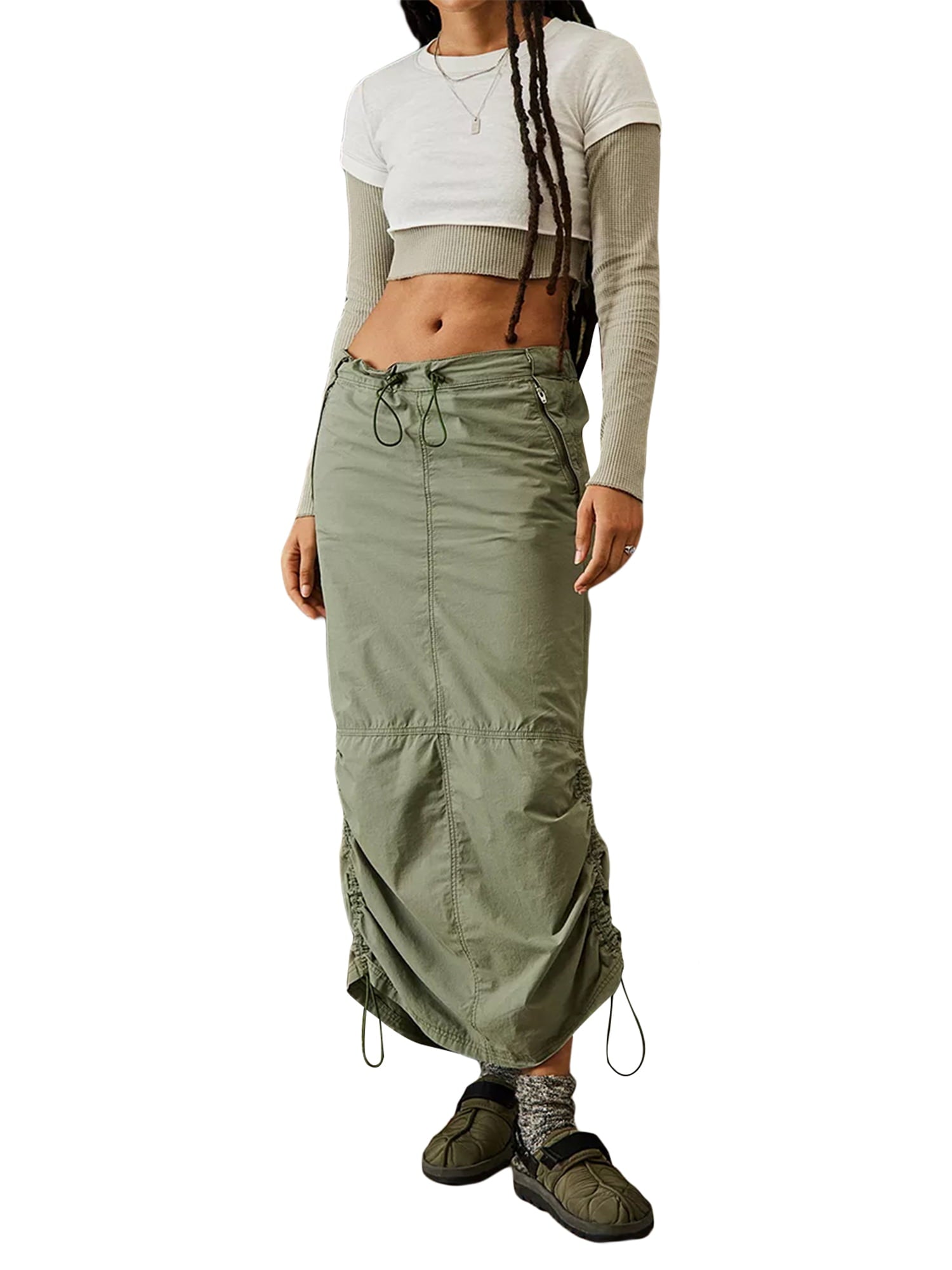 KelaJuan Women Cargo Skirt Summer Casual Elastic Drawstring Ruched Long Skirt with Pockets