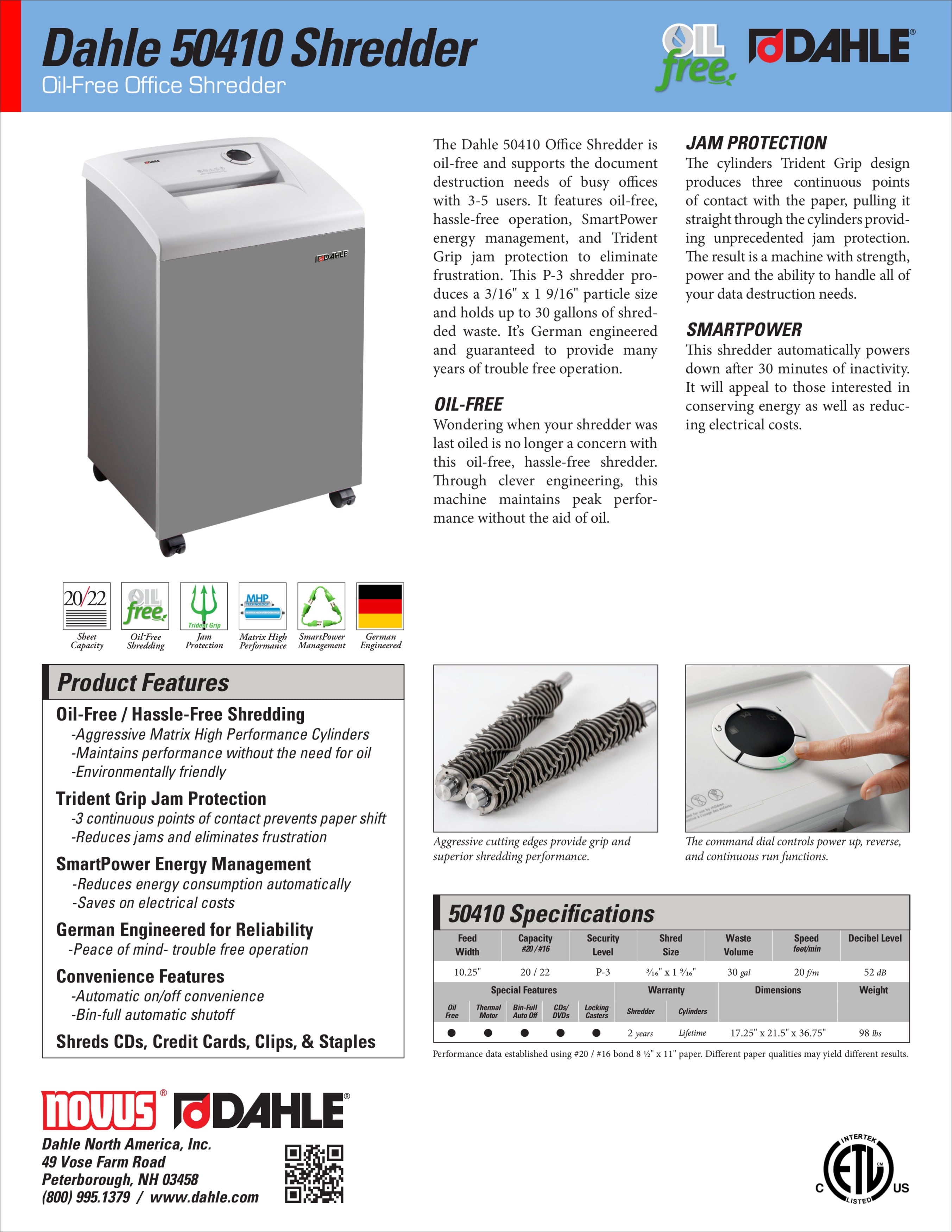 Dahle 50410 Oil-Free Paper Shredder w/Jam Protection, German Engineered, 20 Sheet Max, Level P-3