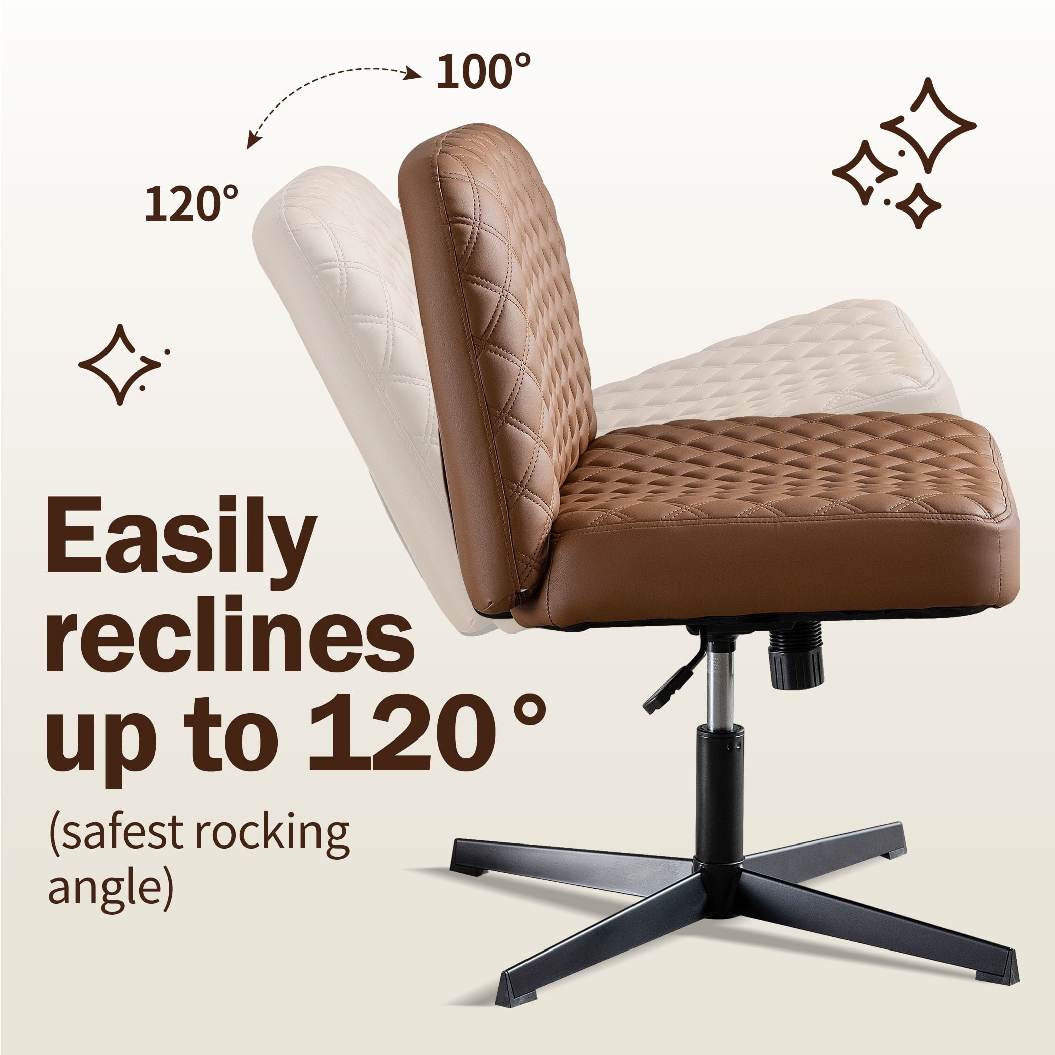 JONPONY Armless PU Leather Office Desk Chair,Cross Legged Home Office Chair No Wheels Heavy Duty Metal Base,120° Rocking Ergonomic PC Chair,Brown