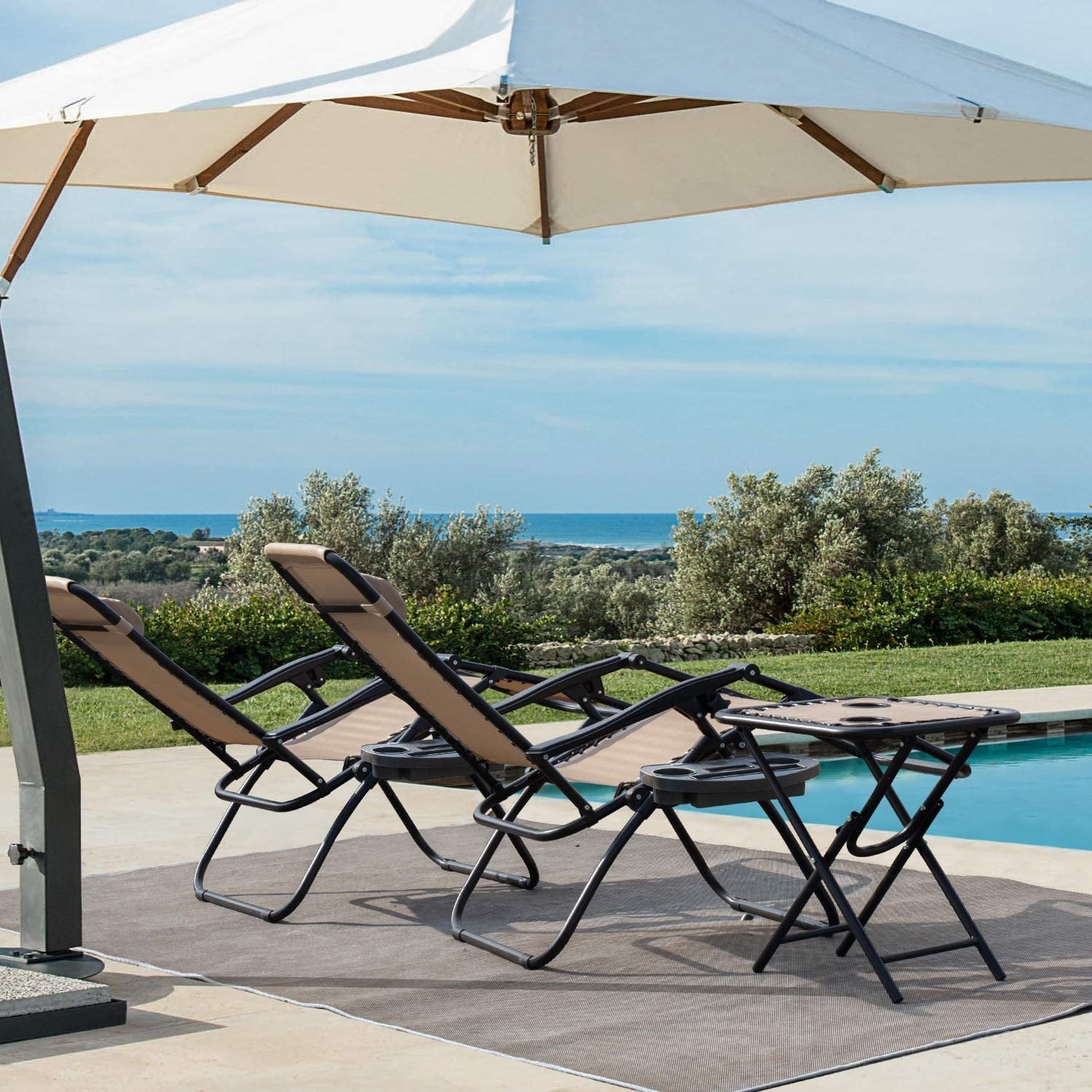 Vineego 3 Pieces Zero Gravity Chair Patio Foldable Chaise Lounge Chairs 2 Beach Chairs and Table with Cup Holders,Beige