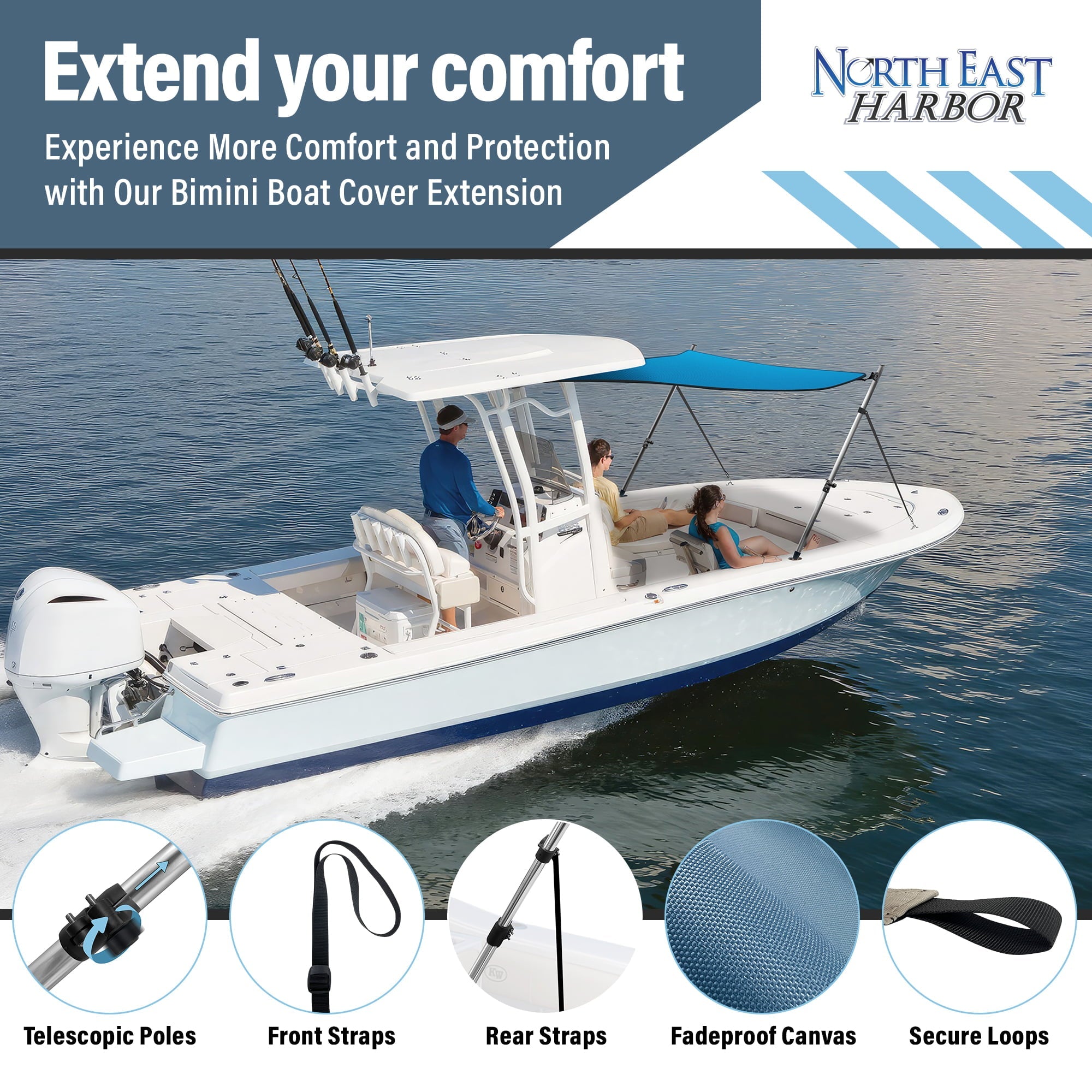 KNOX Universal T-Top Extension Bimini Tops for Boats Sun Shade Kit, Boat Shade Hard Top Boat Cover Canopy Adjustable Poles, Marine 900D Canvas, Adjustable Height, 67